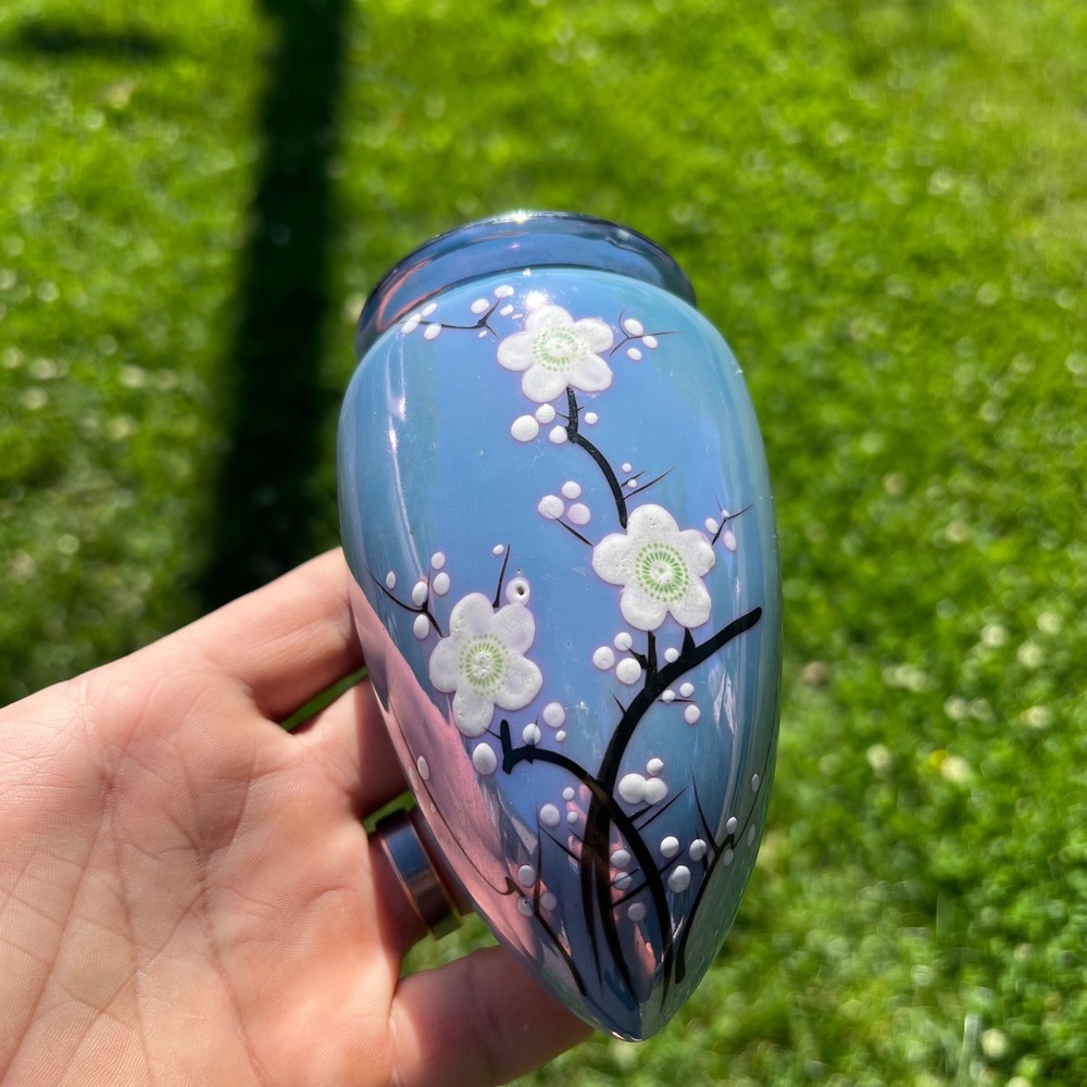 Vintage Japan Wall Pocket Vase Blue Iridescent Lusterware Cherry Blossom